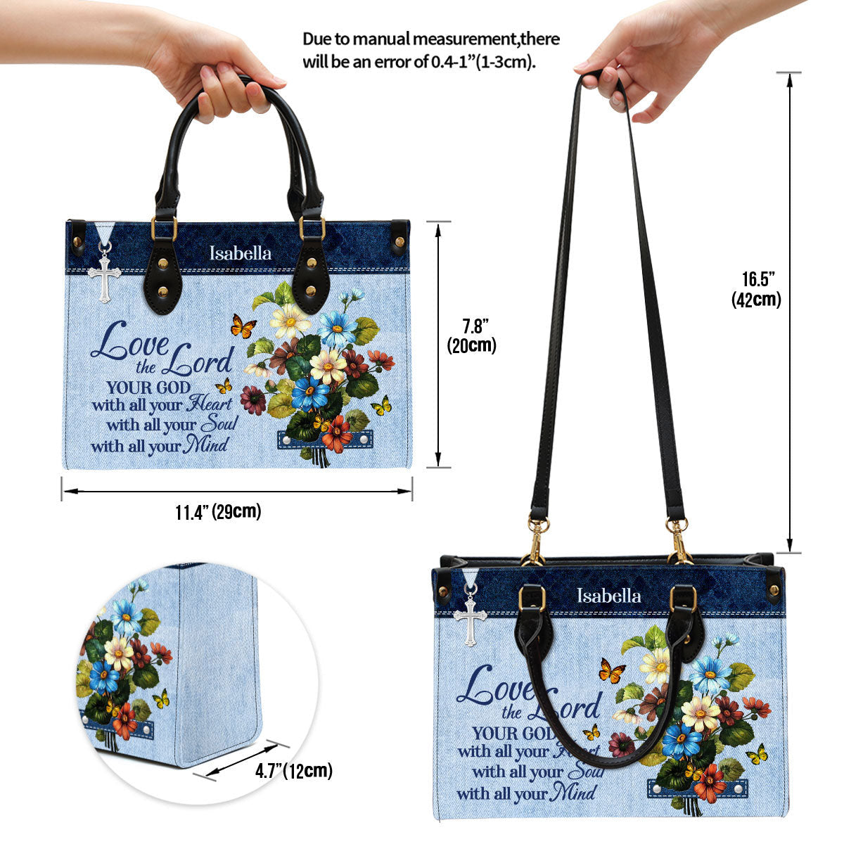 Matthew 2237 Personalized Flower Leather Handbag Love The Lord Your God With All Your Heart