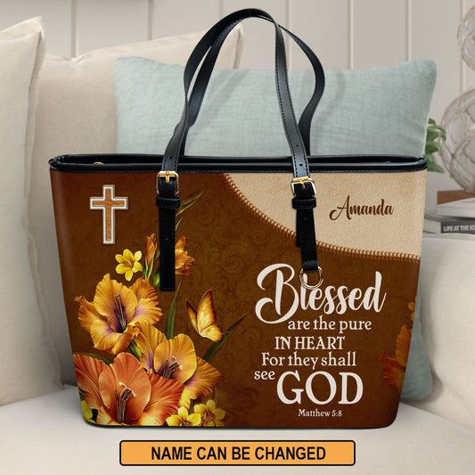 Matthew 58 Blessed Are The Pure In Heart Personalized Large Leather Tote Bag Flower And Butterfly - Christian Inspirational Gifts For Women