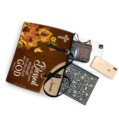 Matthew 58 Blessed Are The Pure In Heart Personalized Large Leather Tote Bag Flower And Butterfly - Christian Inspirational Gifts For Women