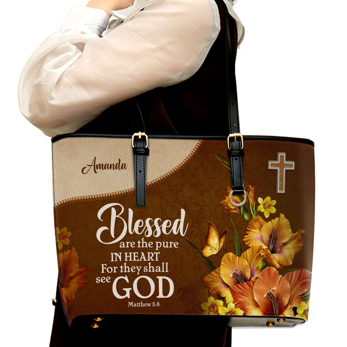 Matthew 58 Blessed Are The Pure In Heart Personalized Large Leather Tote Bag Flower And Butterfly - Christian Inspirational Gifts For Women