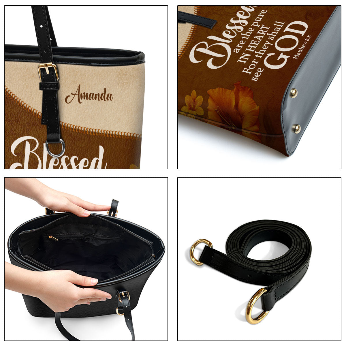 Matthew 58 Blessed Are The Pure In Heart Personalized Large Leather Tote Bag Flower And Butterfly - Christian Inspirational Gifts For Women