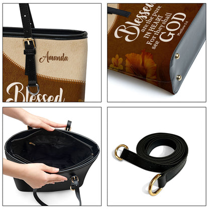 Matthew 58 Blessed Are The Pure In Heart Personalized Large Leather Tote Bag Flower And Butterfly - Christian Inspirational Gifts For Women