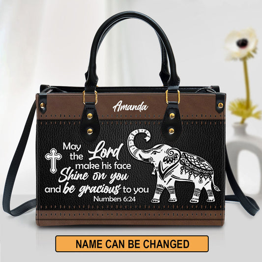 May The Lord Make His Face Shine On You Leather Bag - Custom Name Elephant Leather Handbag - Christian Gifts For Women