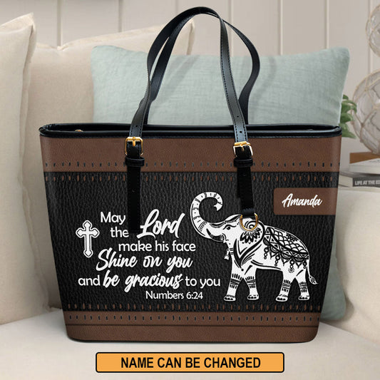 May The Lord Make His Face Shine On You Personalized Large Leather Tote Bag - Christian Inspirational Gifts For Women