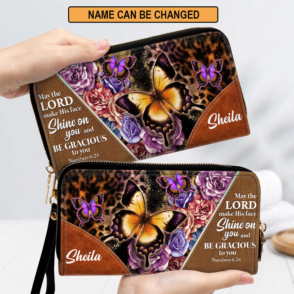 May The Lord Make His Face Shine On You Pretty Butterfly Clutch Purse For Women - Personalized Name - Christian Gifts For Women
