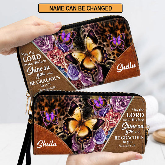 May The Lord Make His Face Shine On You Pretty Butterfly Clutch Purse For Women - Personalized Name - Christian Gifts For Women