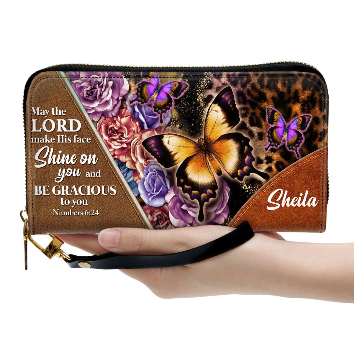 May The Lord Make His Face Shine On You Pretty Butterfly Clutch Purse For Women - Personalized Name - Christian Gifts For Women