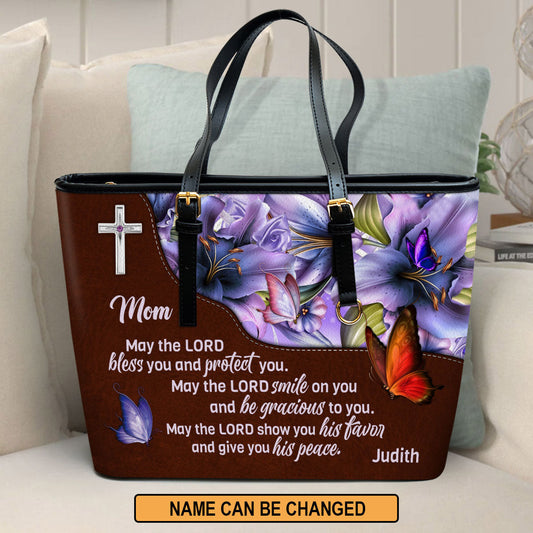May The Lord Smile On You And Be Gracious To You Personalized Large Leather Tote Bag For Mom - Christian Inspirational Gifts For Women