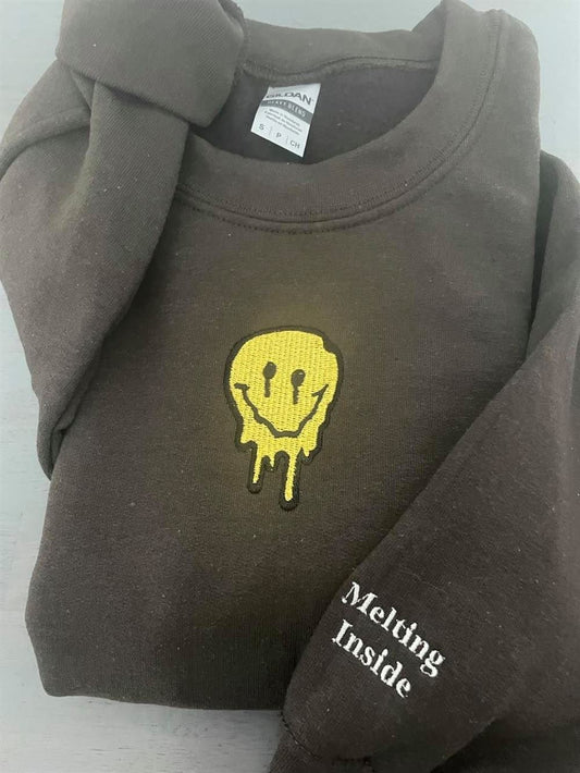 Melted Smiley Embroidered Sweatshirt, Women's Embroidered Sweatshirts