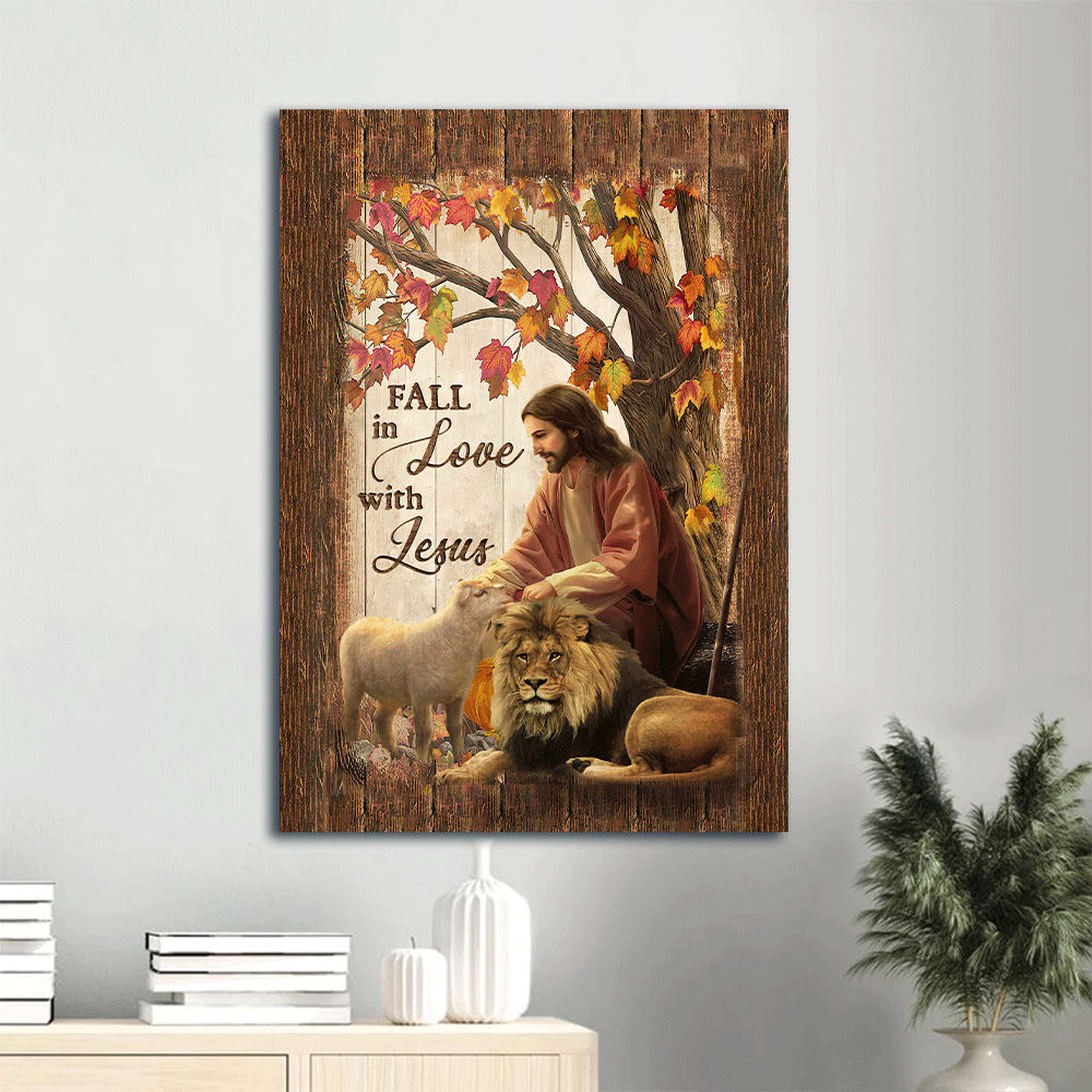 Memorial Autumn Forest Drawing Lion Of Judah White Lamb Memorial Gift For Family Members Fall In Love With Jesus Canvas Wall Art - Christian Gift