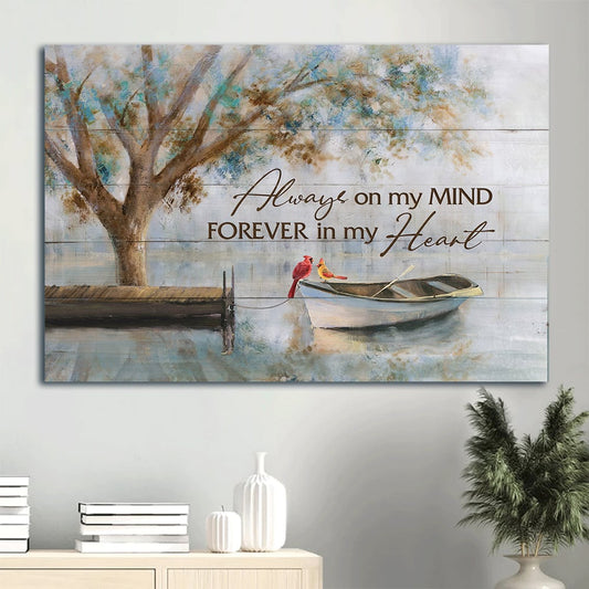 Memorial Beautiful Lake Watercolor Cardinal Boat Painting Canvas Gift For Members Family Always On My Mind Forever In My Heart Canvas Wall Art - Christian Wall Decor