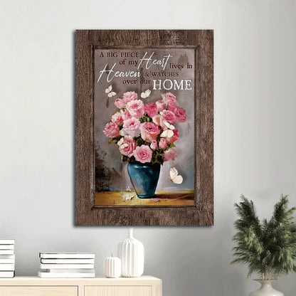 Memorial Brilliant Pink Rose Vase Still Life Painting Butterfly Gift For Members Family A Big Piece Of My Heart Lives In Heaven Canvas Wall Art - Christian Gift