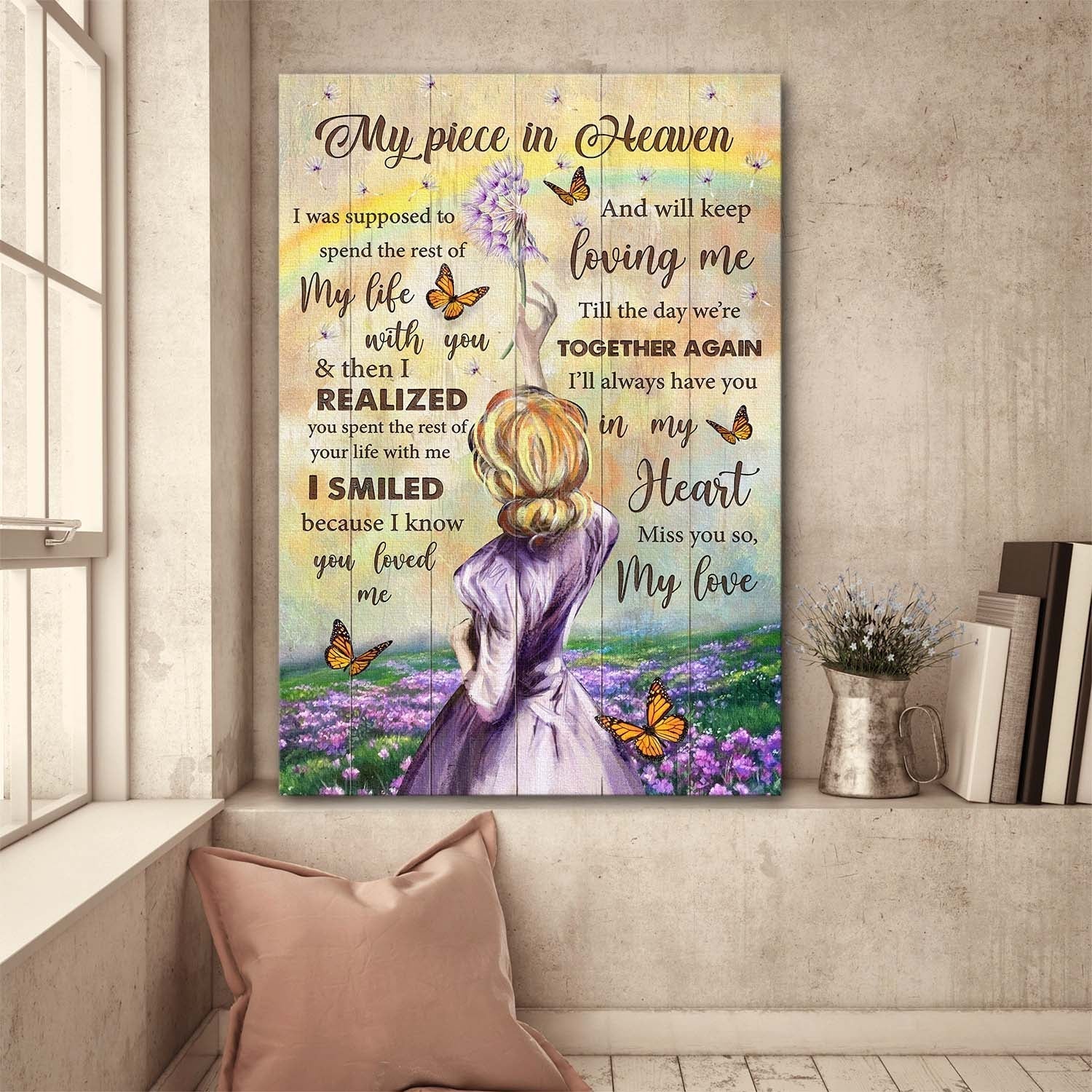 Memorial Girl Flower Field Butterfly Heaven Gift For Members Family My Piece In Heaven Till The Day We're Together Again Canvas Wall Art - Christian Gift