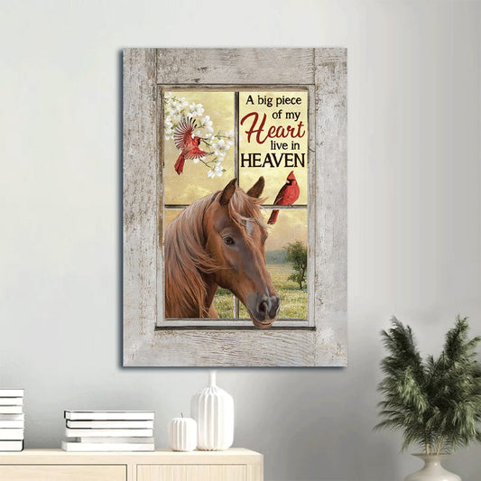 Memorial Horse Red Cardinal Jasmine Heaven Gift For Members Family A Big Piece Of My Heart Live In Heaven Canvas Wall Art - Christian Gift