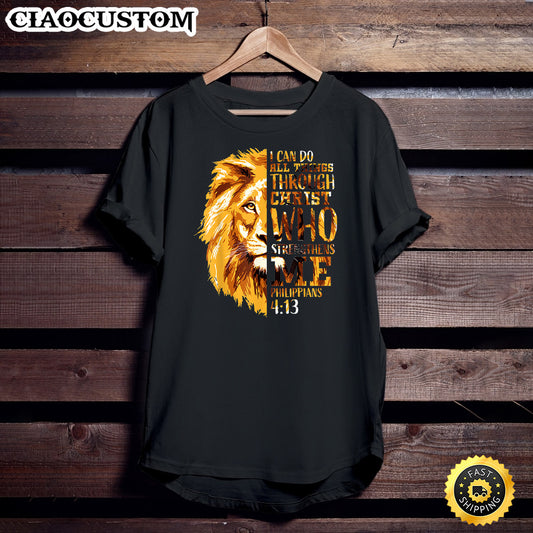 Mens Philippians 4_13 Bible Verse Lion Head Men Husband T-Shirt - Christian Shirt