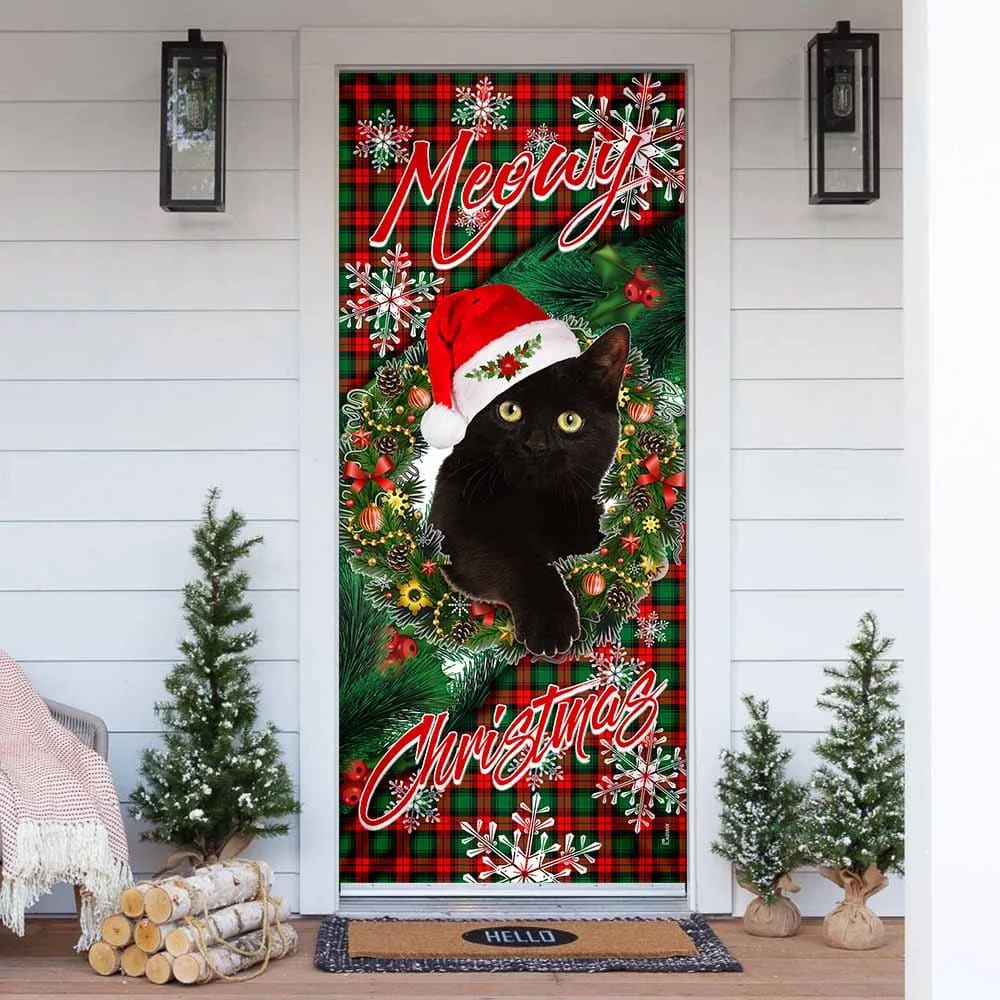 Meowy Christmas Door Cover - Black Cat Door Cover - Christmas Outdoor Decoration