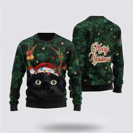 Merry Christmas Black Cat In Pine Tree Ugly Christmas Sweater For Men And Women, Best Gift For Christmas, Christmas Fashion Winter