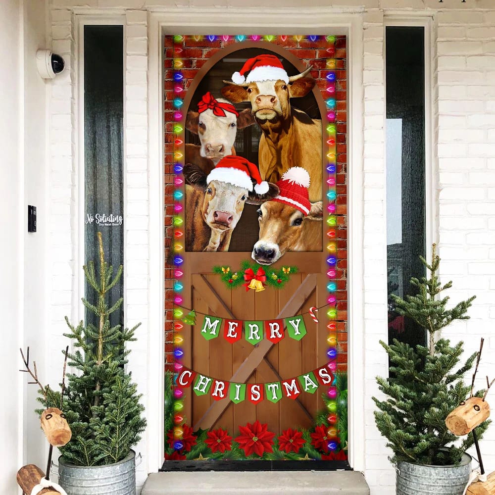 Merry Christmas Door Cover - Cow Cattle Door Cover - Christmas Outdoor Decoration