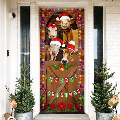 Merry Christmas Door Cover - Cow Cattle Door Cover - Christmas Outdoor Decoration