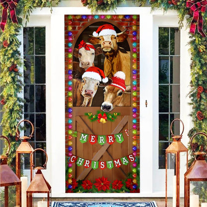 Merry Christmas Door Cover - Cow Cattle Door Cover - Christmas Outdoor Decoration