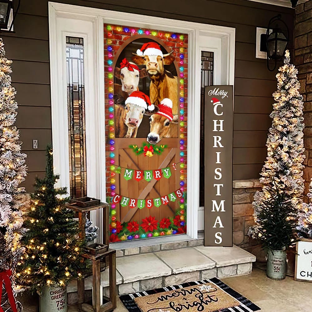 Merry Christmas Door Cover - Cow Cattle Door Cover - Christmas Outdoor Decoration