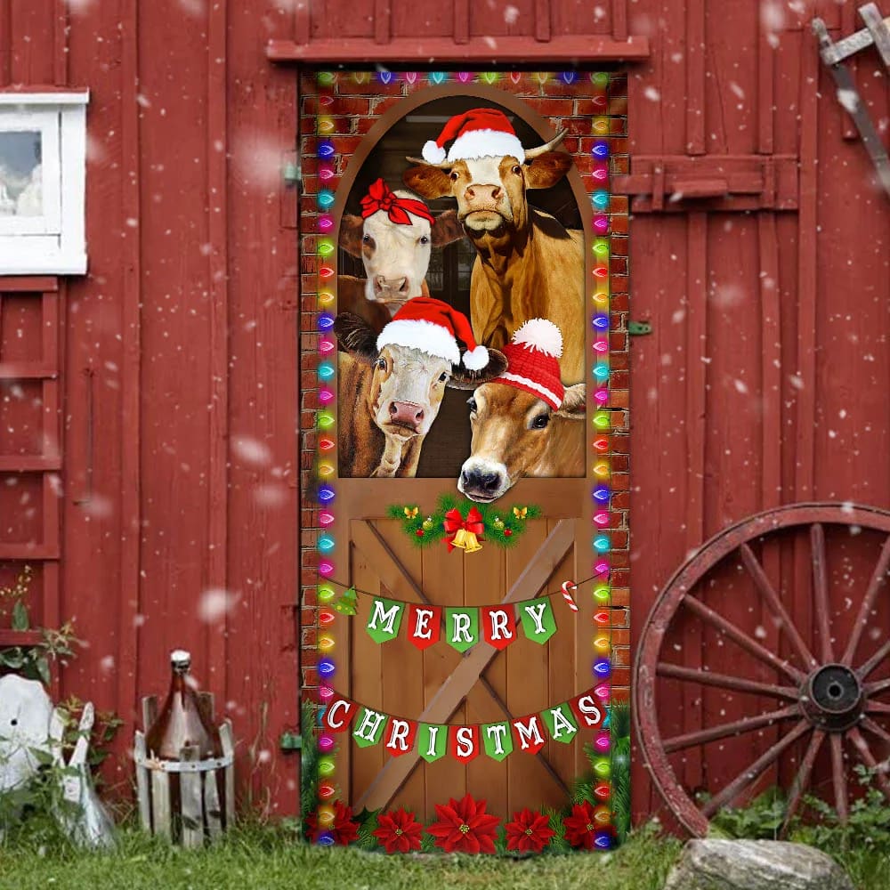 Merry Christmas Door Cover - Cow Cattle Door Cover - Christmas Outdoor Decoration