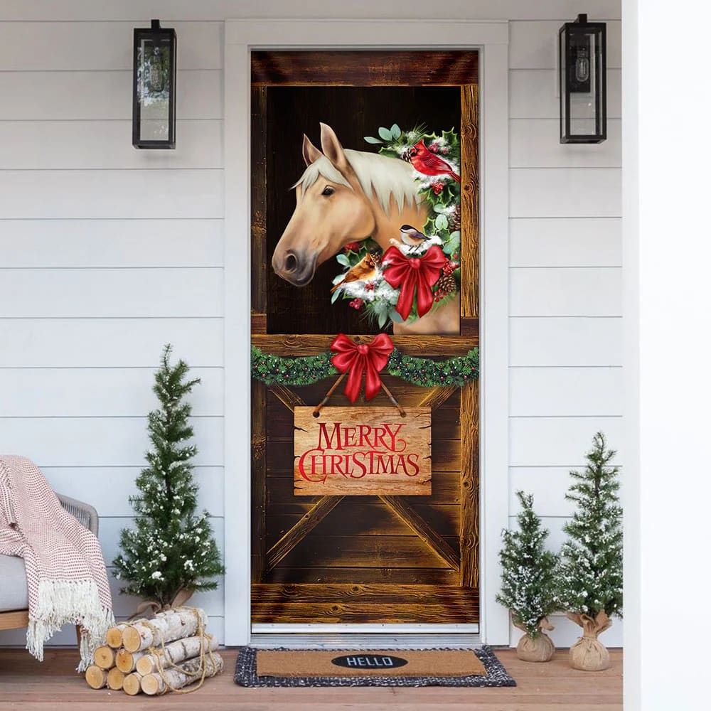 Merry Christmas Horse In Stable Door Cover - Christmas Horse Decor - Christmas Outdoor Decoration