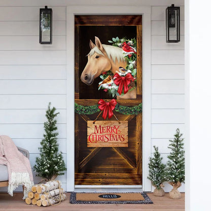 Merry Christmas Horse In Stable Door Cover - Christmas Horse Decor - Christmas Outdoor Decoration