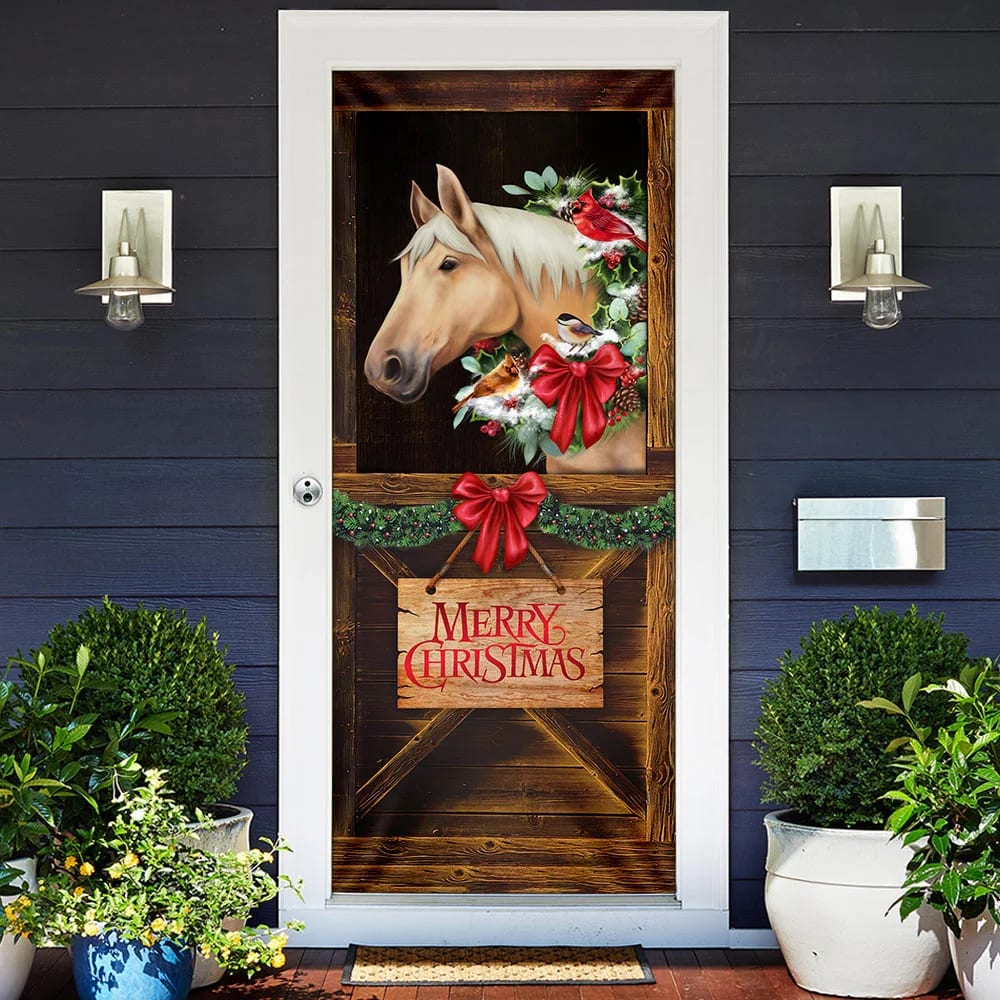 Merry Christmas Horse In Stable Door Cover - Christmas Horse Decor - Christmas Outdoor Decoration