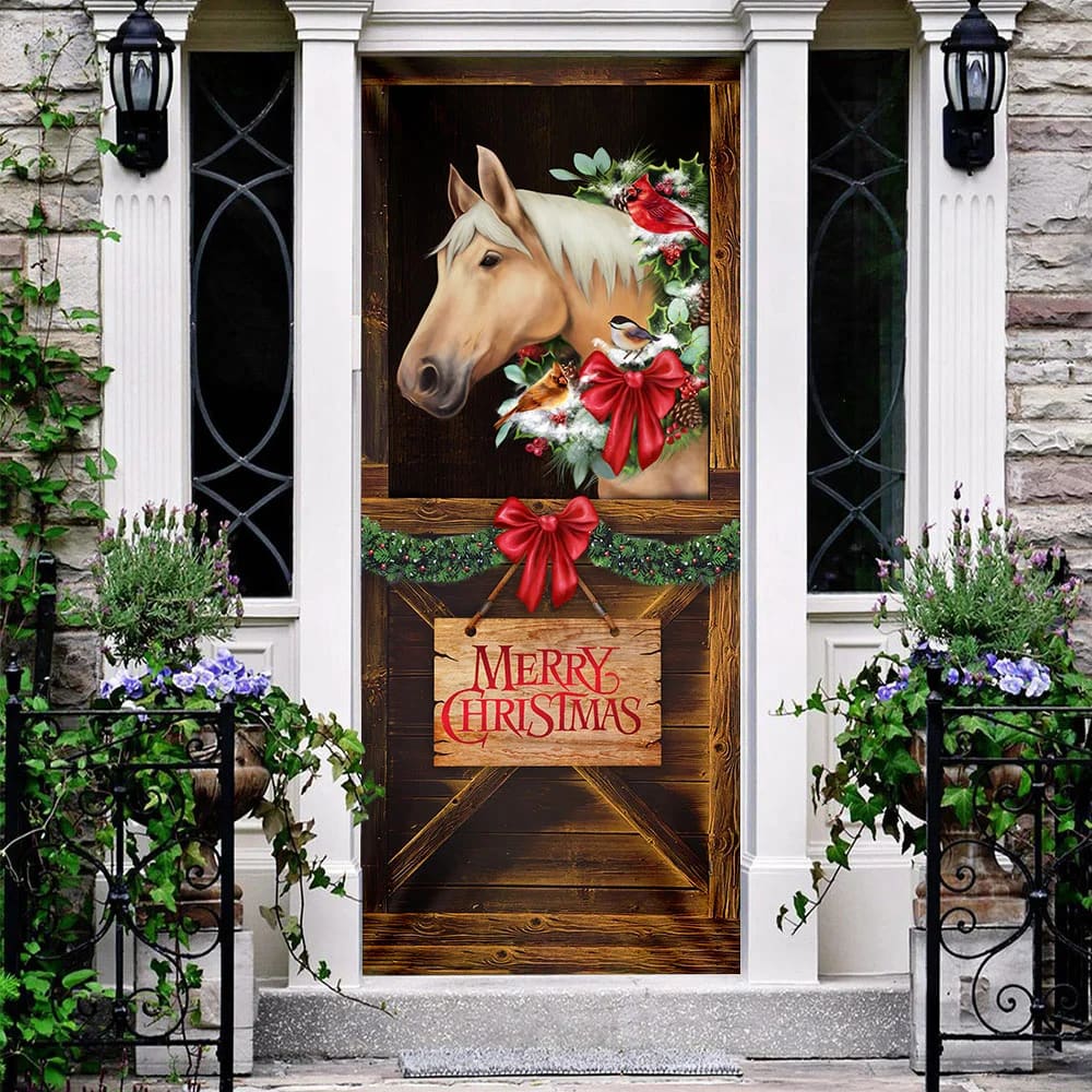 Merry Christmas Horse In Stable Door Cover - Christmas Horse Decor - Christmas Outdoor Decoration