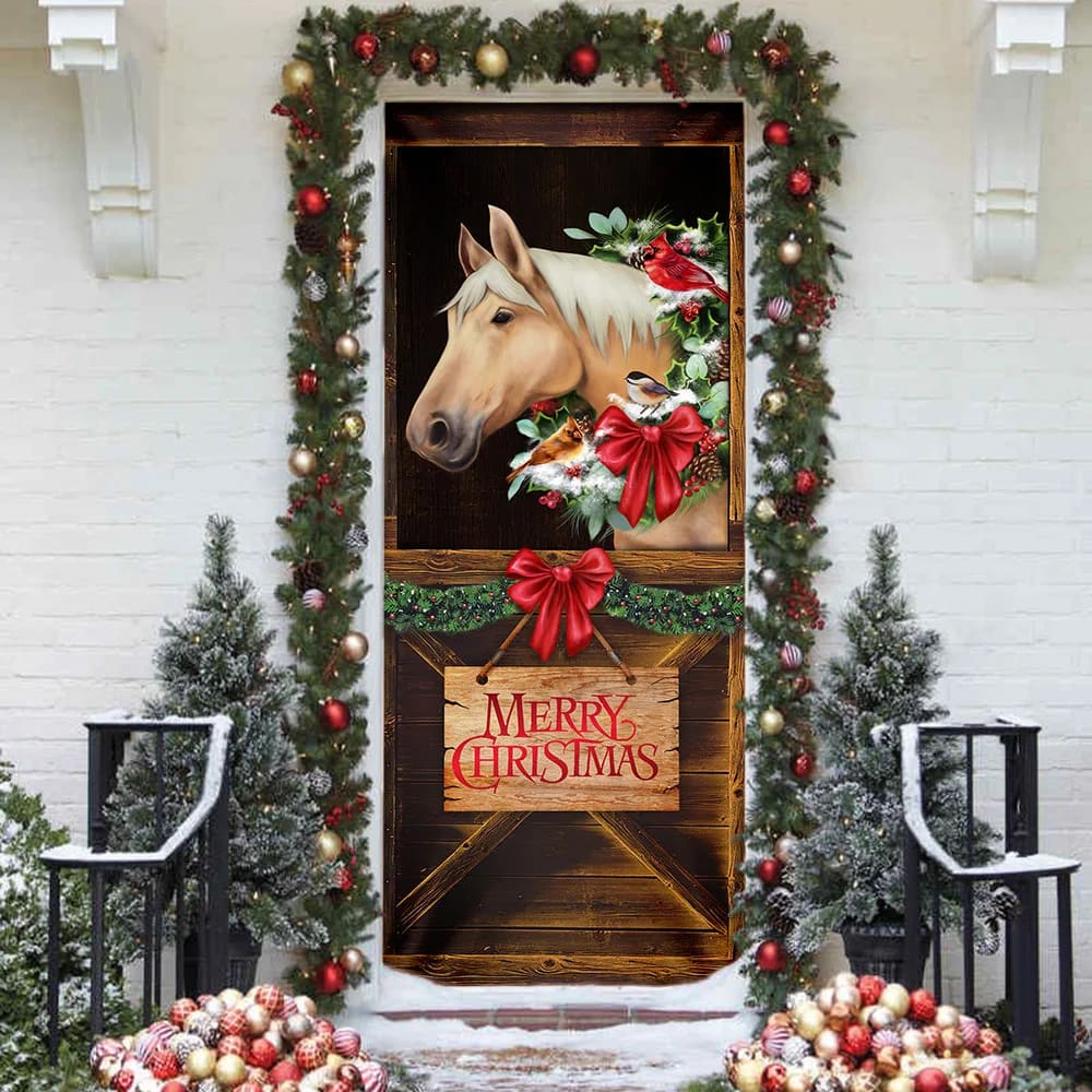 Merry Christmas Horse In Stable Door Cover - Christmas Horse Decor - Christmas Outdoor Decoration