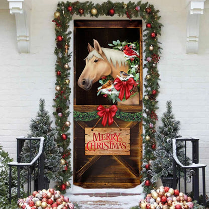 Merry Christmas Horse In Stable Door Cover - Christmas Horse Decor - Christmas Outdoor Decoration