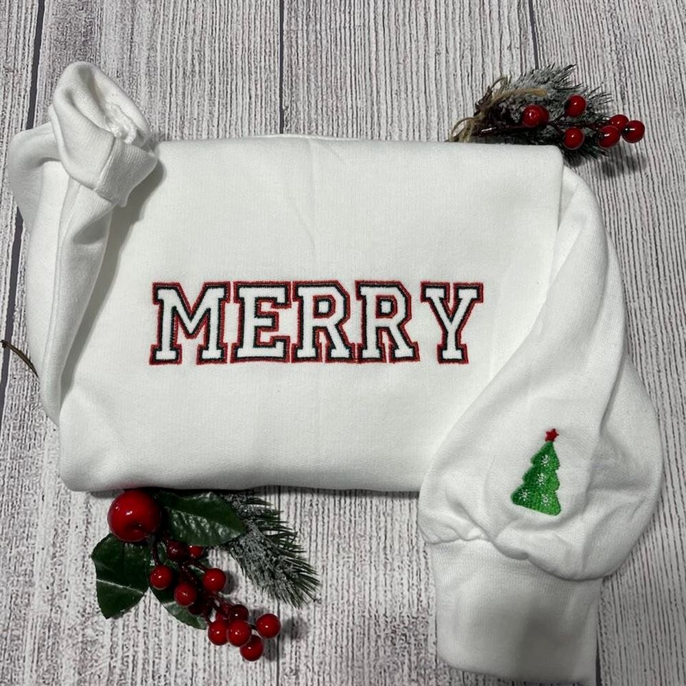 Merry Embroidered Sweatshirt, Merry Christmas Crewneck Sweatshirts, Women's Embroidered Sweatshirts