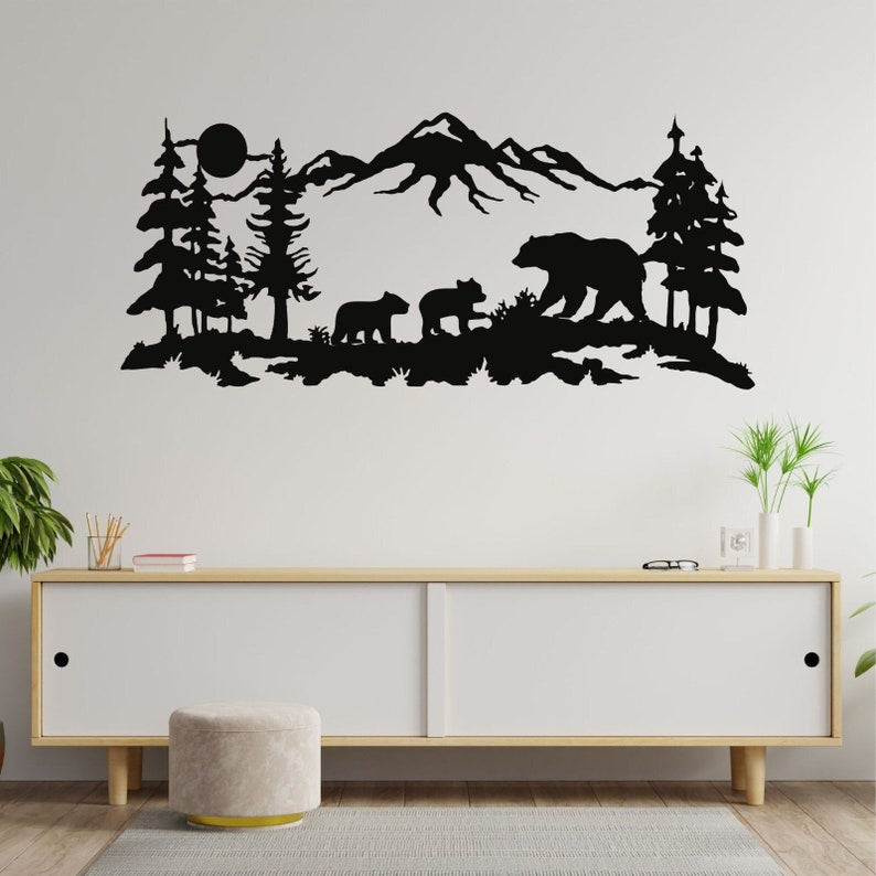 Metal Bear Family Art - Tree Mountain Decoration - Wildlife Lover Gift - Metal Sign