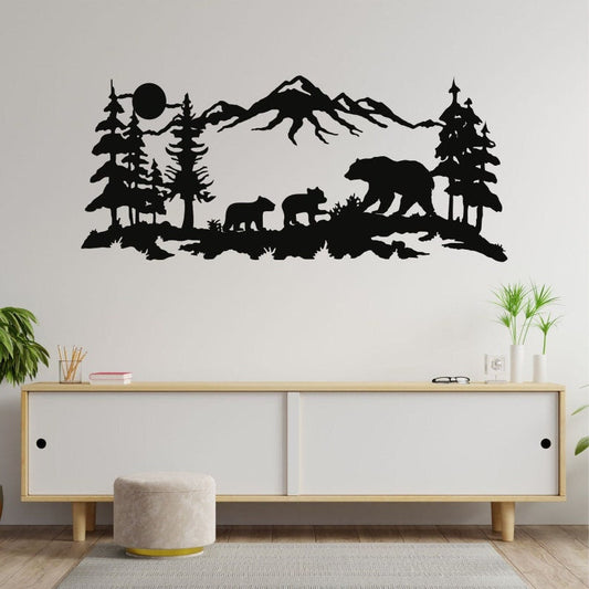 Metal Bear Family Art - Tree Mountain Decoration - Wildlife Lover Gift - Metal Sign