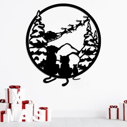Metal Christmas Wall Art - Family Pets Watching Santa Ride Off Through the Snow Capped Trees Metal Sign - Ciaocustom