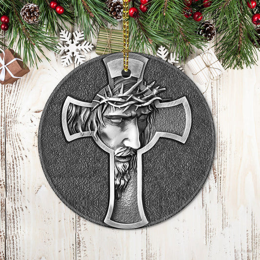 Metal Cross Jesus Ceramic Circle Ornament - Decorative Ornament - Christmas Ornament