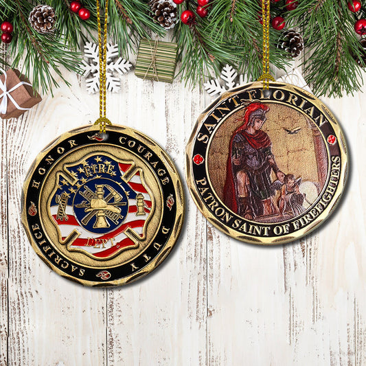 Metal Style Firefighter Coin Ceramic Circle Ornament - Decorative Ornament - Christmas Ornament
