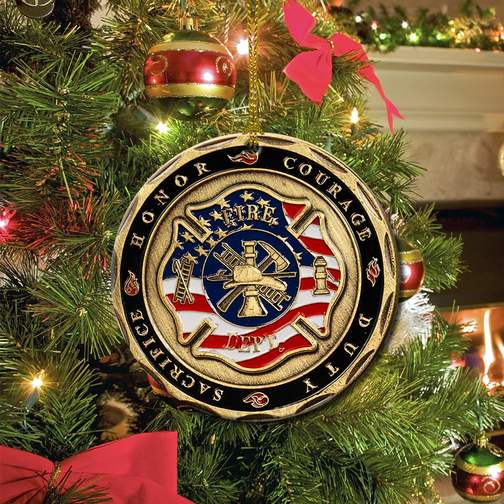 Metal Style Firefighter Coin Ceramic Circle Ornament - Decorative Ornament - Christmas Ornament