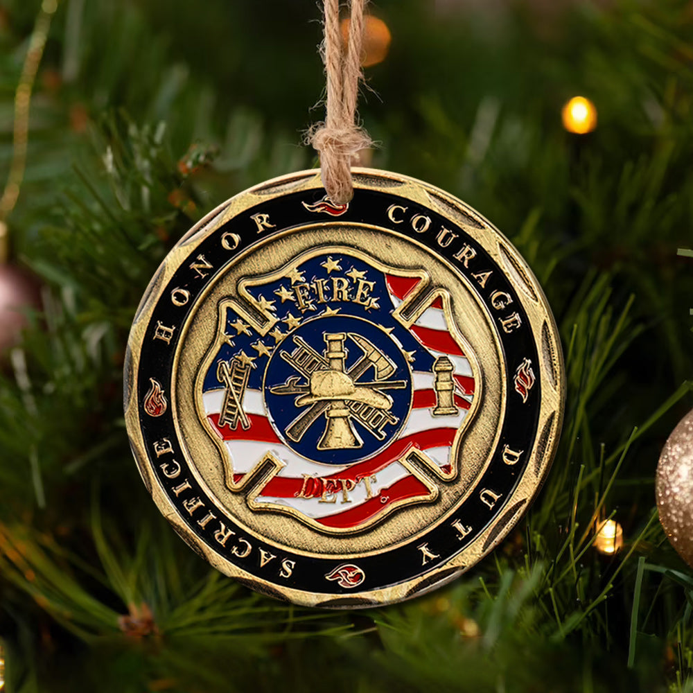 Metal Style Firefighter Coin Ceramic Circle Ornament - Decorative Ornament - Christmas Ornament
