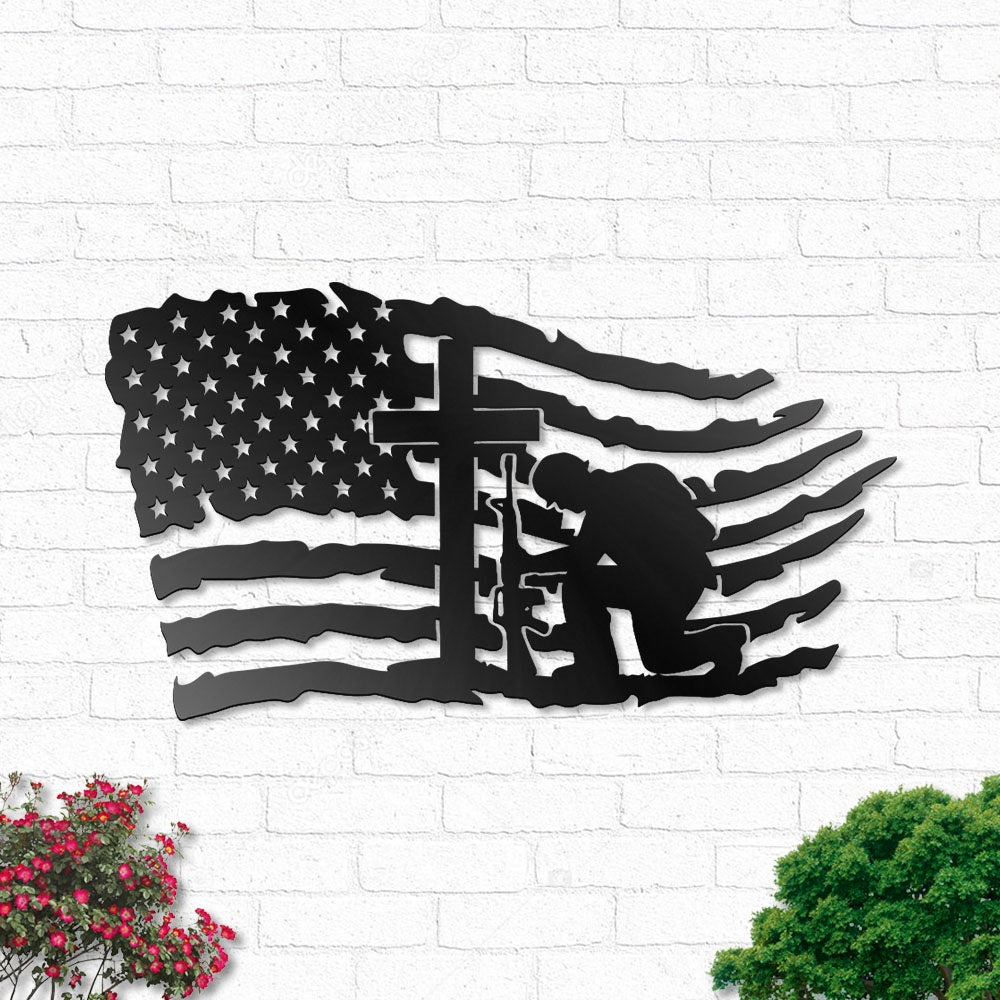 Military Veteran Patriotic American Flag Stand For The Flag And Kneel For The Cross Metal Wall Art - Military Outdoor Home Decor Gift