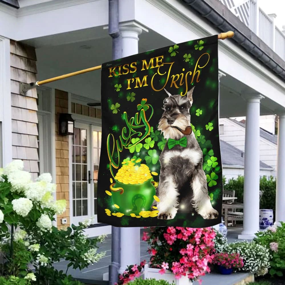 Miniature Schnauzer Kiss Me I'm Irish House Flag - St Patrick's Day Garden Flag - Outdoor St Patrick's Day Decor