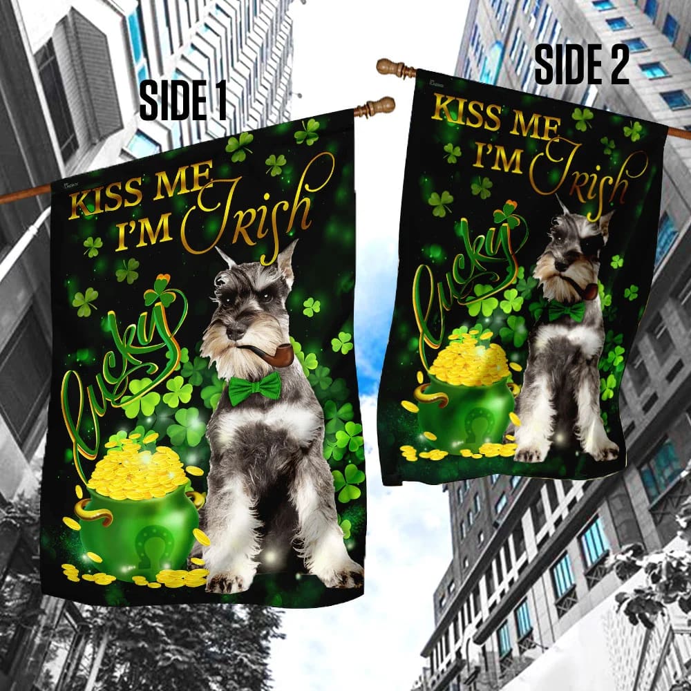 Miniature Schnauzer Kiss Me I'm Irish House Flag - St Patrick's Day Garden Flag - Outdoor St Patrick's Day Decor