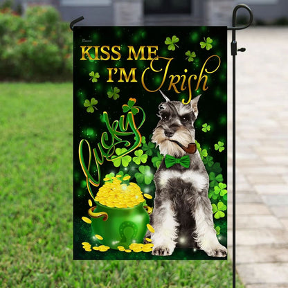 Miniature Schnauzer Kiss Me I'm Irish House Flag - St Patrick's Day Garden Flag - Outdoor St Patrick's Day Decor