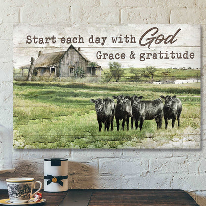 Angus Cows - Start Each Day With God Grace And Gratitude - Bible Verse Canvas - Scripture Canvas Wall Art - Ciaocustom