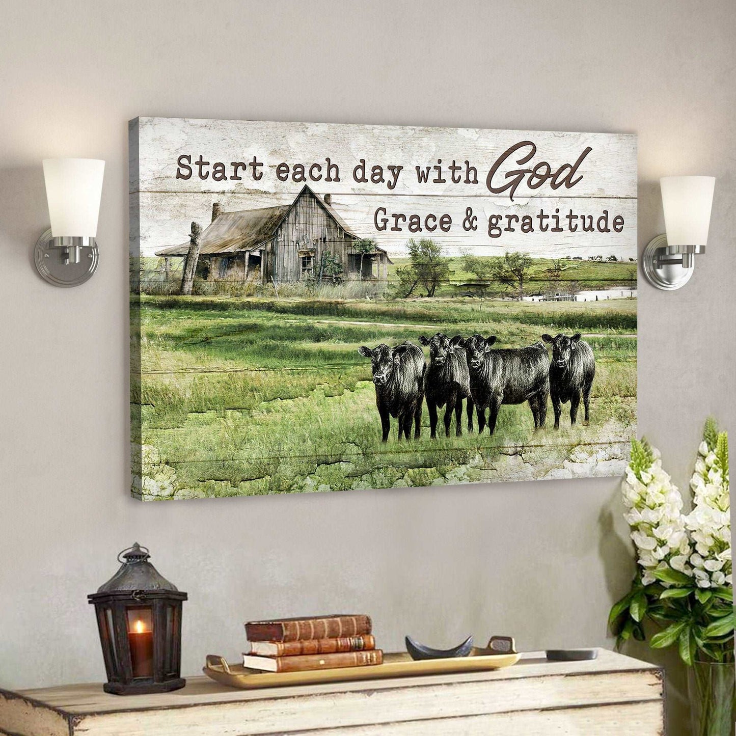 Angus Cows - Start Each Day With God Grace And Gratitude - Bible Verse Canvas - God Canvas - Scripture Canvas Wall Art - Ciaocustom