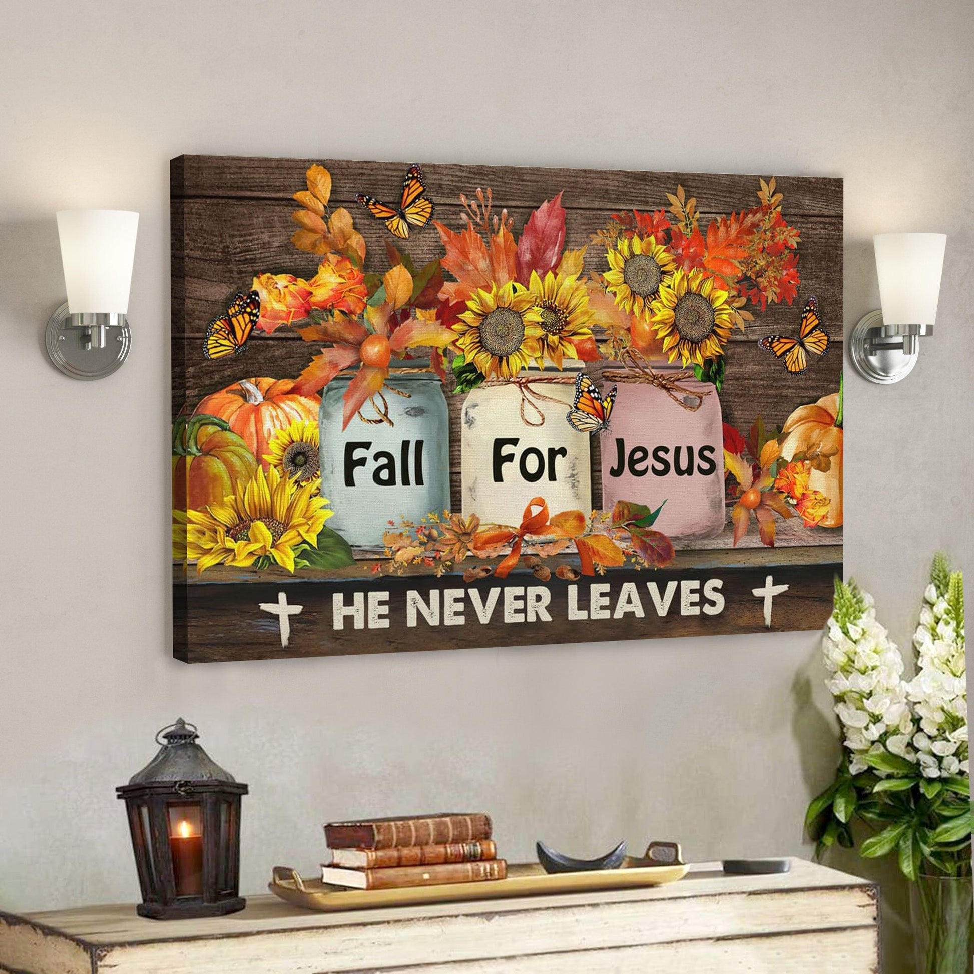 Bible Verse Canvas - God Canvas - Fall For Jesus He Never Leaves Autumn Pumpkin Wall Art Canvas Thanksgiving Wall Art - Scripture Canvas Wall Art - Ciaocustom