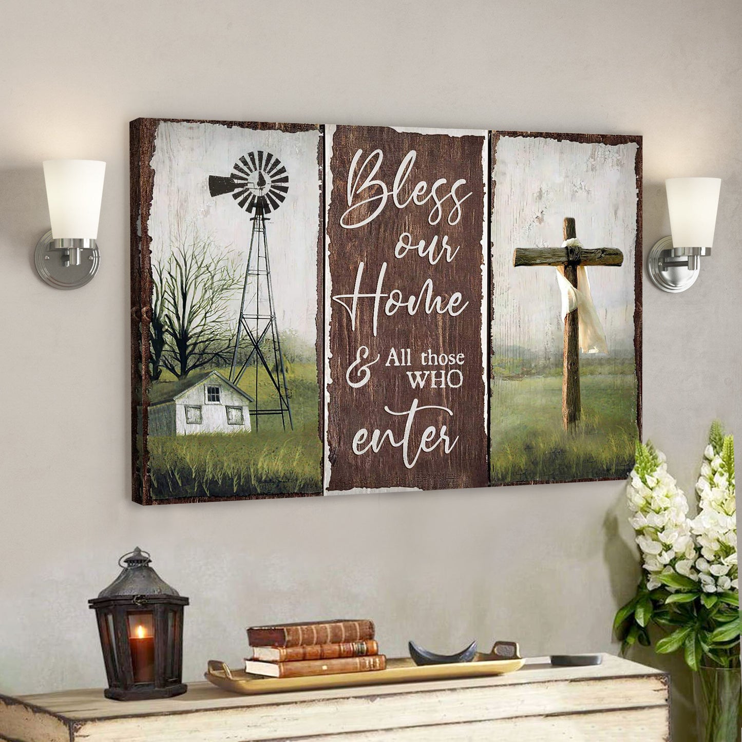 The Cross With Farm Windmill - Bless Our Home And All Those Who Enter - Bible Verse Canvas - God Canvas - Scripture Canvas Wall Art - Ciaocustom