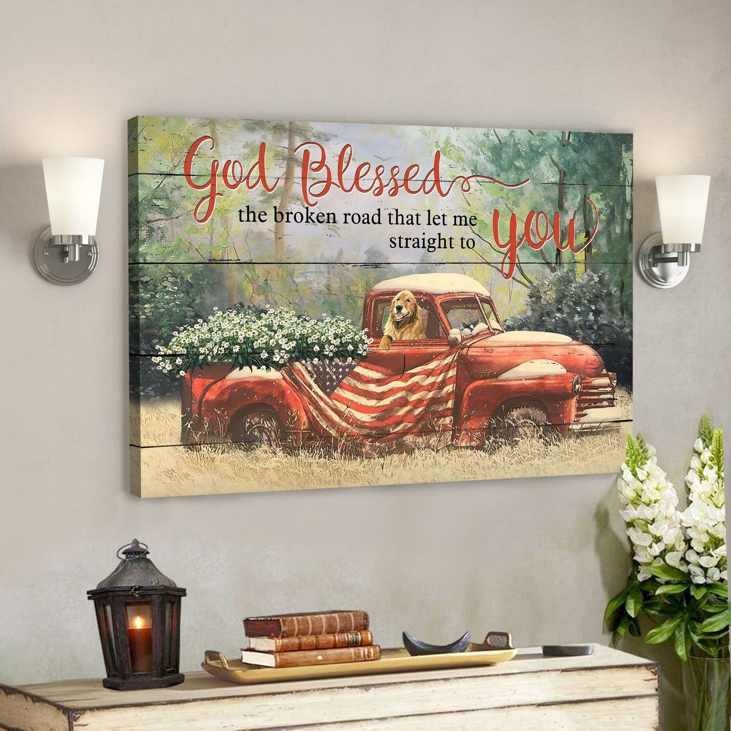 Vintage Car Carrying Daisies And Dog - God Blessed The Broken Road - Bible Verse Canvas - God Canvas - Scripture Canvas Wall Art - Ciaocustom