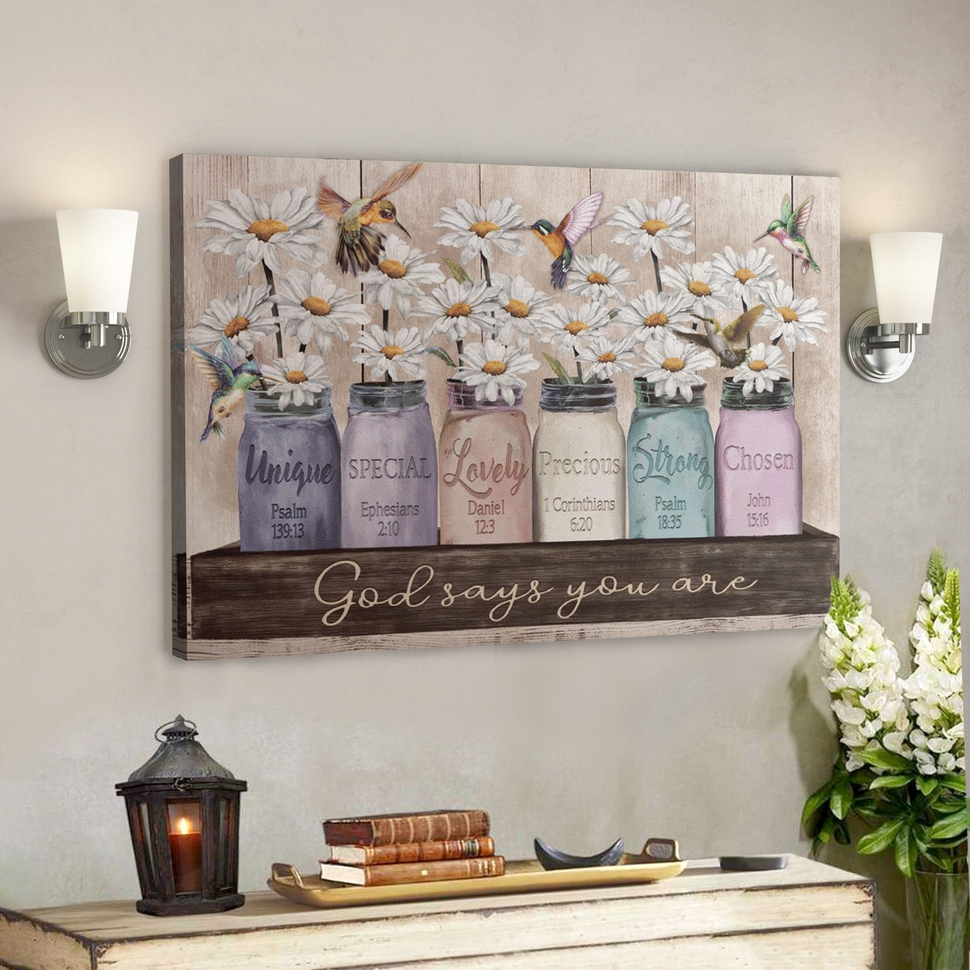 Bible Verse Wall Art Canvas - Daisy And Hummingbird - God Says You Are ...